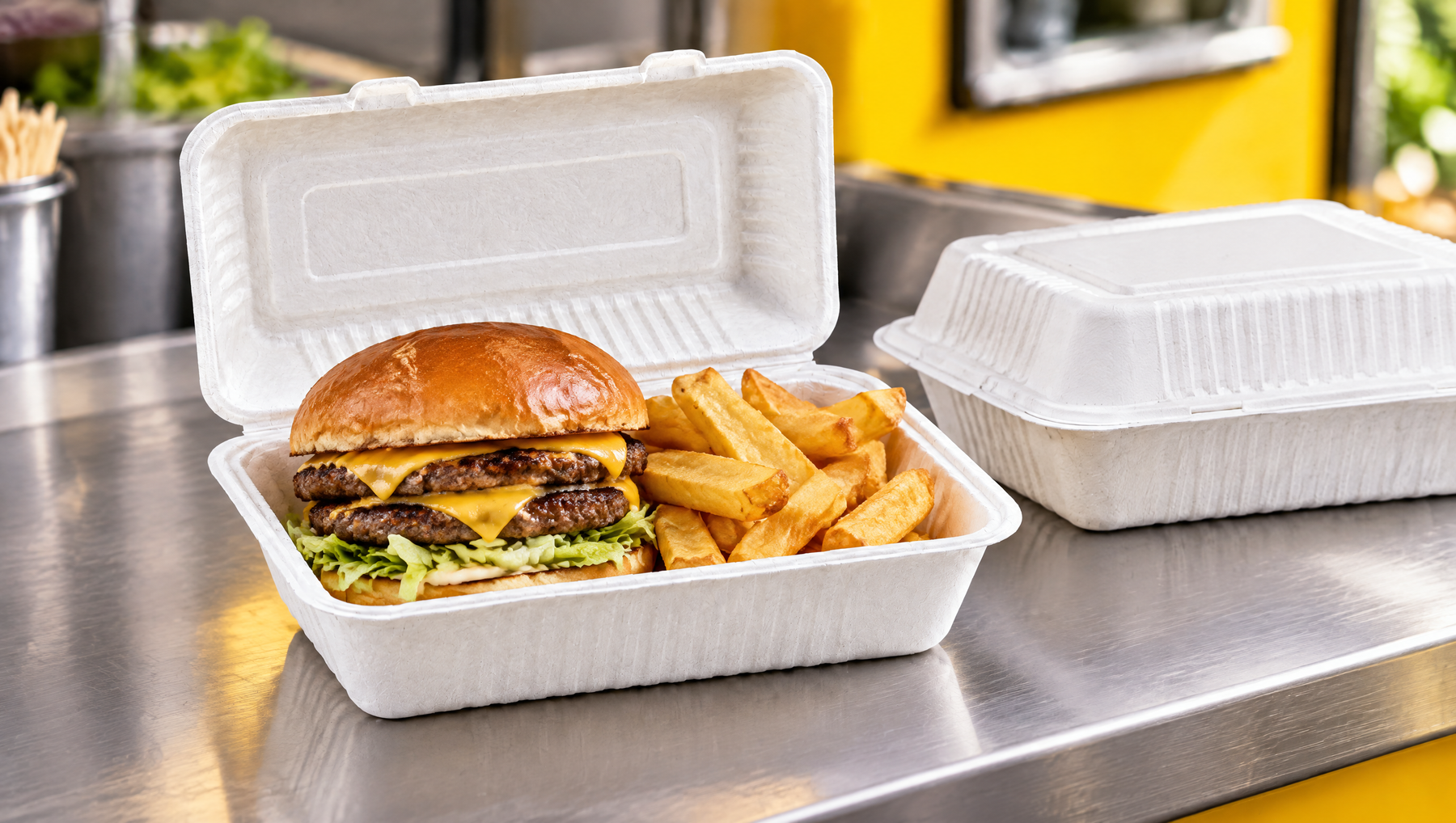 White bagasse clamshell holding a cheeseburger and chips on a stainless steel street food counter