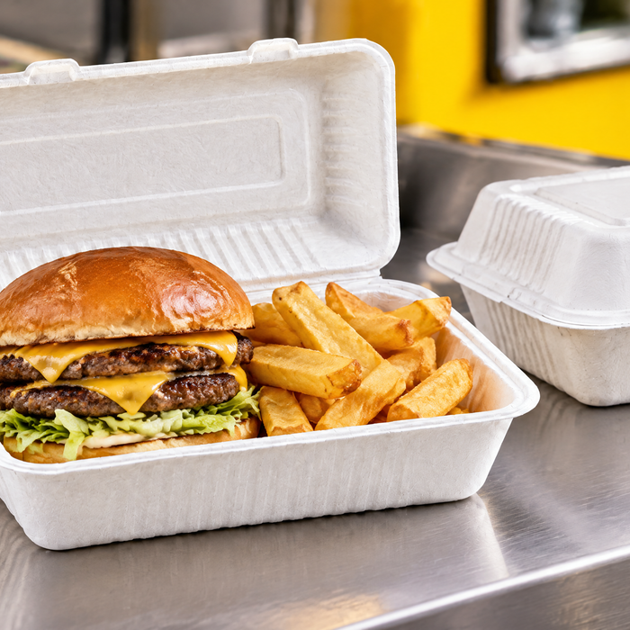 White bagasse clamshell holding a cheeseburger and chips on a stainless steel street food counter