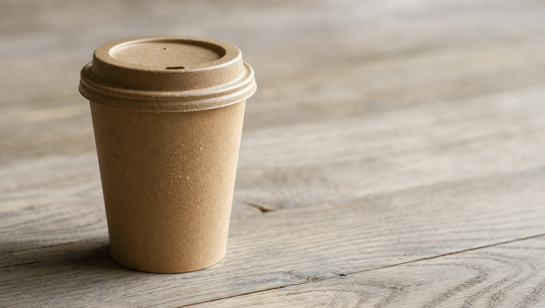 Brown paper coffee cup with sip-thru lid on a cafe counter, illustrating a sustainable alternative under the UK Plastic Packaging Tax 2026