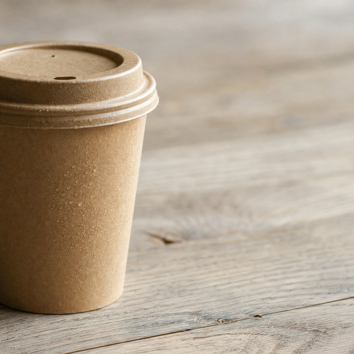 Brown paper coffee cup with sip-thru lid on a cafe counter, illustrating a sustainable alternative under the UK Plastic Packaging Tax 2026