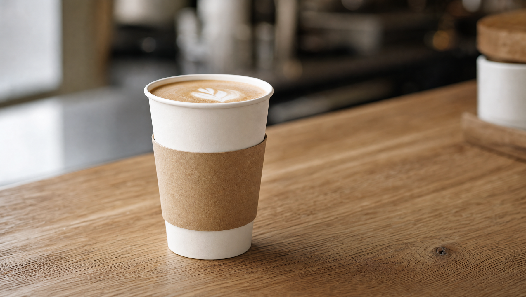 White paper takeaway coffee cup on a neutral wooden cafe counter, soft daylight, UK cafe disposable cup buying guide