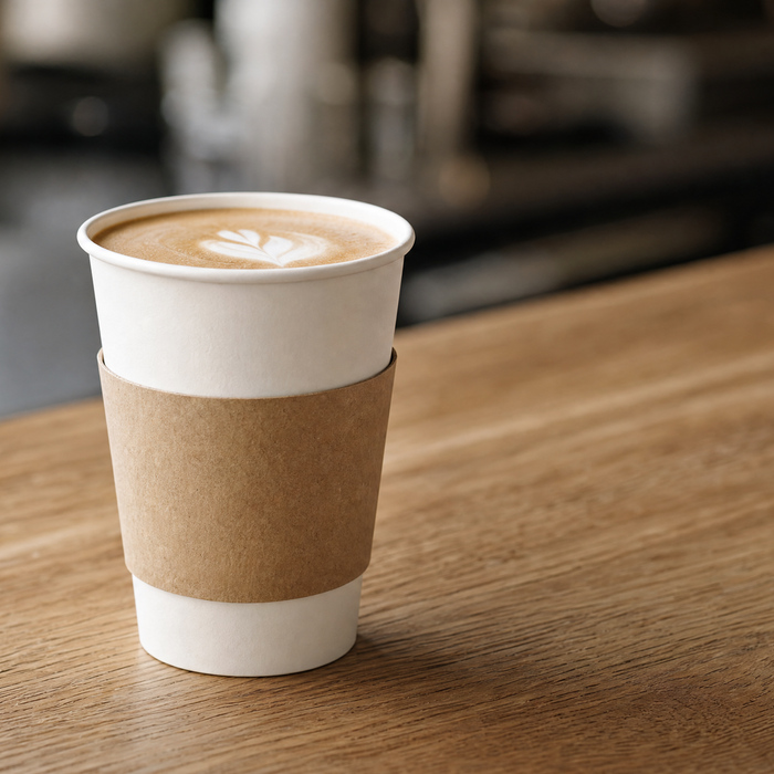 White paper takeaway coffee cup on a neutral wooden cafe counter, soft daylight, UK cafe disposable cup buying guide