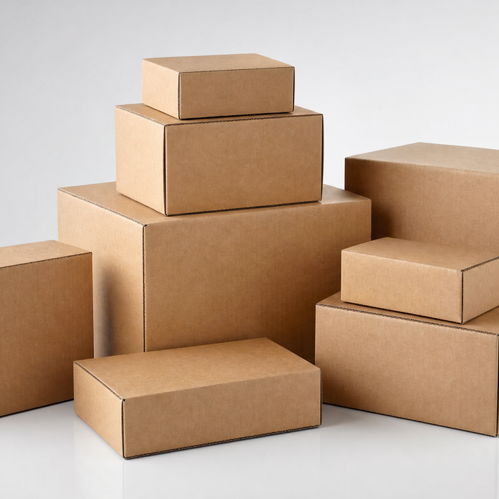 Brown kraft cardboard boxes neatly stacked on a white surface, UK cafe packaging cost reduction guide