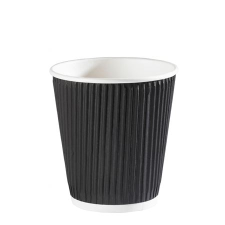 Black, 12oz, ripple wall, paper coffee cup, 90mm rim, side view