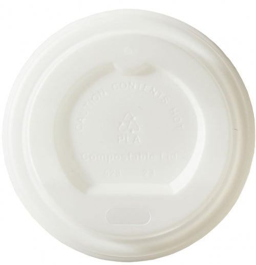 Compostable CPLA sip-thru lid, 90mm, fits 10-12oz coffee cups, top view