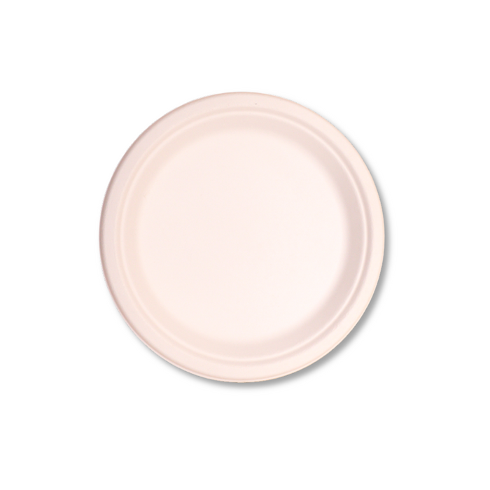 Natural bagasse 10" round plate, home compostable, top view