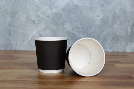 Black, 4oz, double wall, paper coffee cup, 62mm rim, side view