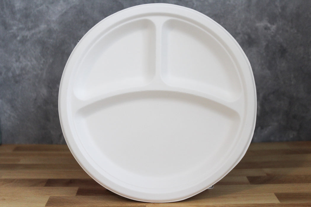 10 inch Bagasse Plate - 3 Compartment (500pcs) | Compostable | Heavy-Duty
