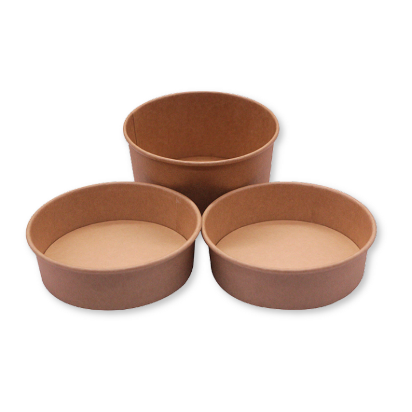 Three brown paper bowls on a white background