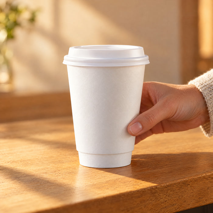 White double wall coffee cup on a cafe counter in morning sun