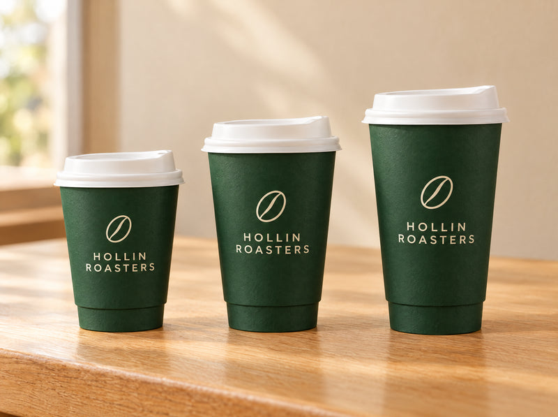 Example design: green printed double wall coffee cups in three sizes