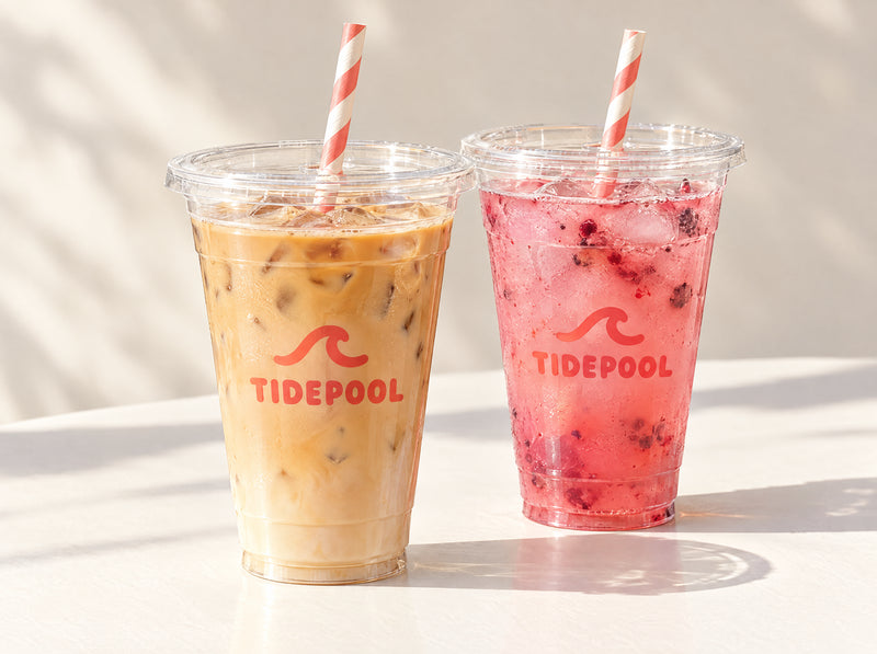 Example design: printed clear cups with an iced latte and a berry drink