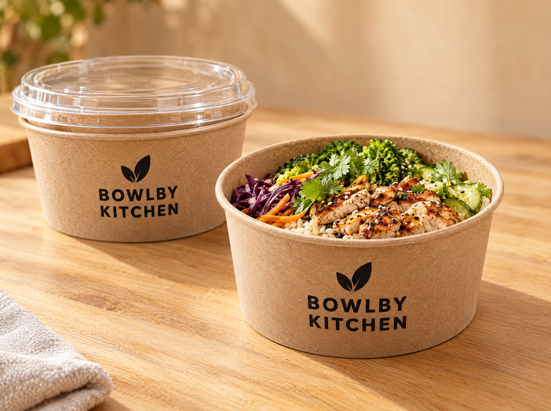 Example design: printed kraft food bowls, one with a clear lid