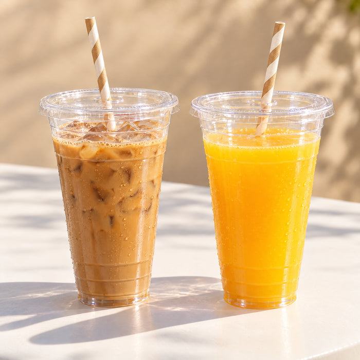 Iced coffee and orange juice in clear PET cups with paper straws