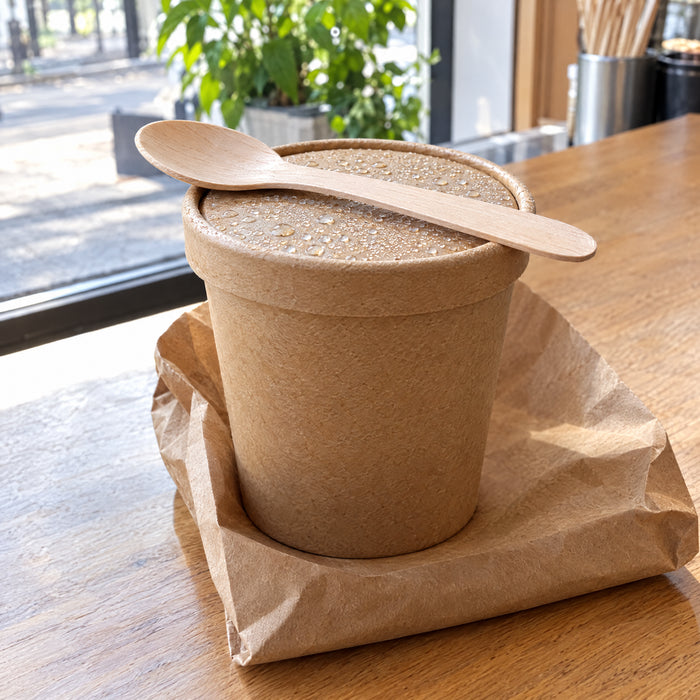 Kraft soup container with lid and wooden spoon on a cafe counter