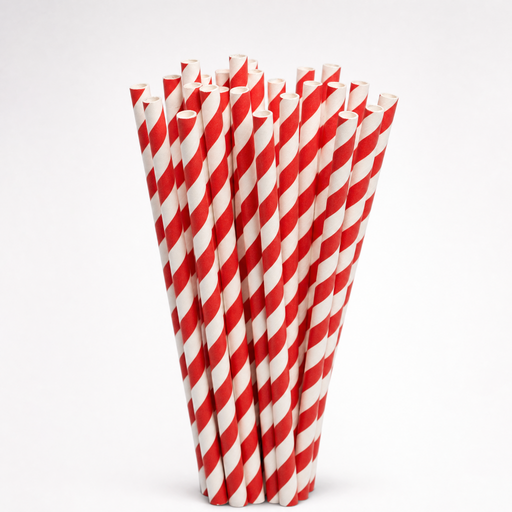 Red Stripe 12mm paper straws, compostable, bundle view