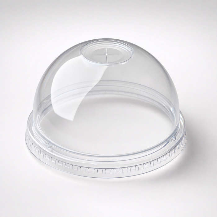 Clear 95mm domed cold cup lid with straw hole, rPET, top view