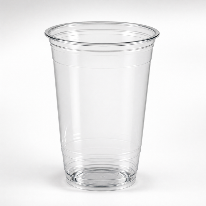 Clear 16oz rPET cold cup, 95mm rim, stack view