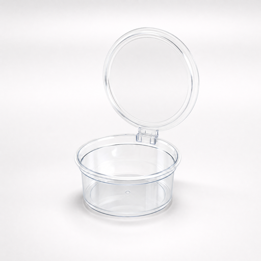 Clear PET 4oz sauce pot with hinged lid, stack view
