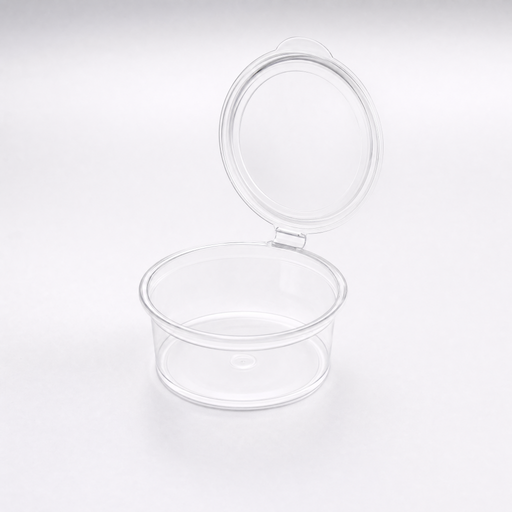 Clear PET 2oz sauce pot with hinged lid, stack view