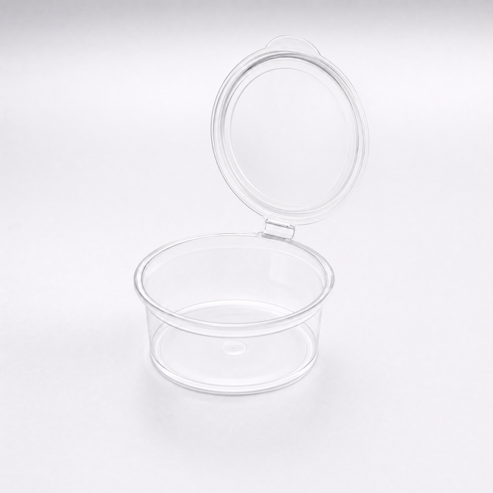 Clear PET 2oz sauce pot with hinged lid, stack view