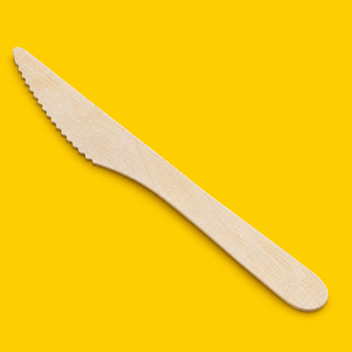 Birchwood wooden knife 165mm close-up showing serrated edge, on yellow