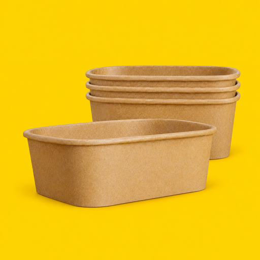 Stack of brown kraft rectangular salad bowls 650ml on yellow