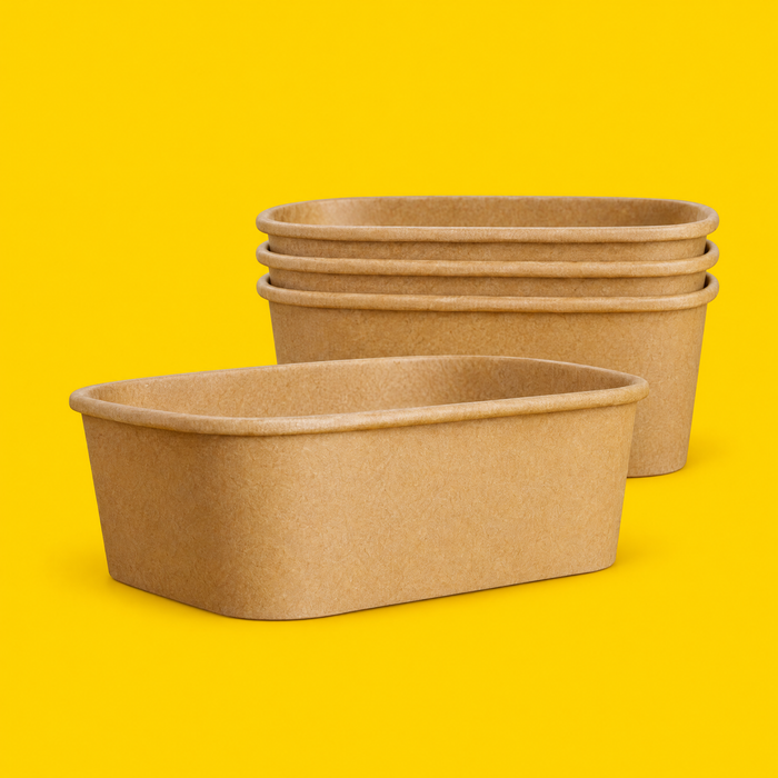 Stack of brown kraft rectangular salad bowls 650ml on yellow