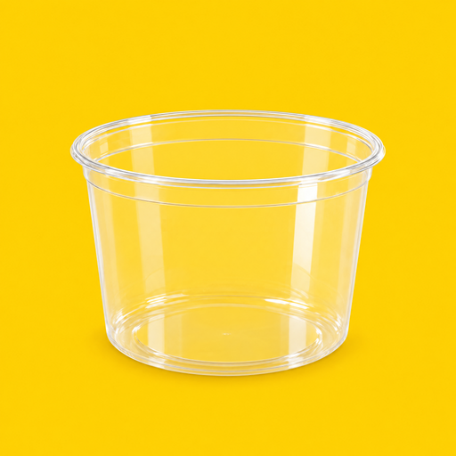 Clear PET round deli container 355ml, three-quarter view on yellow