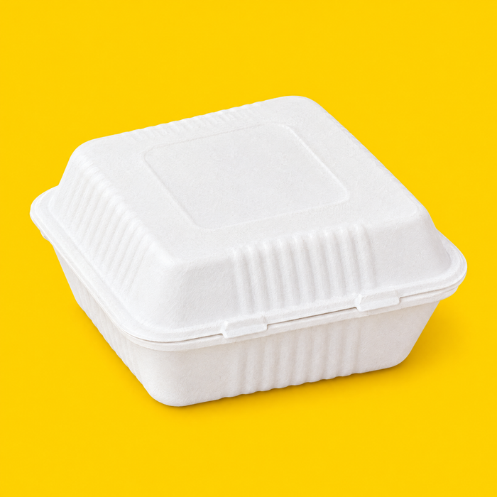 White bagasse 9 inch hinged clamshell, closed, on yellow