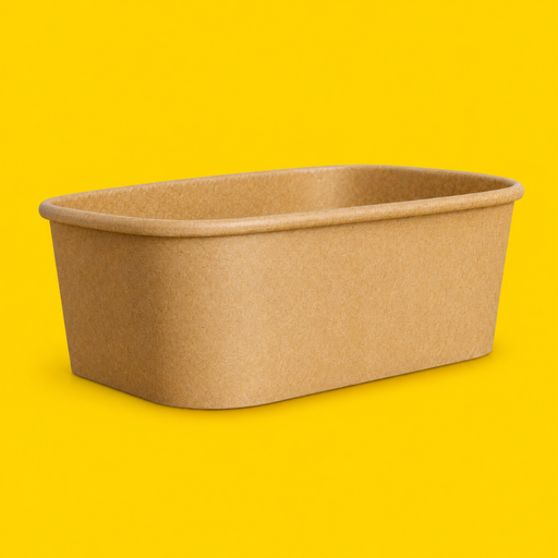 Brown kraft rectangular salad bowl 650ml, three-quarter view on yellow