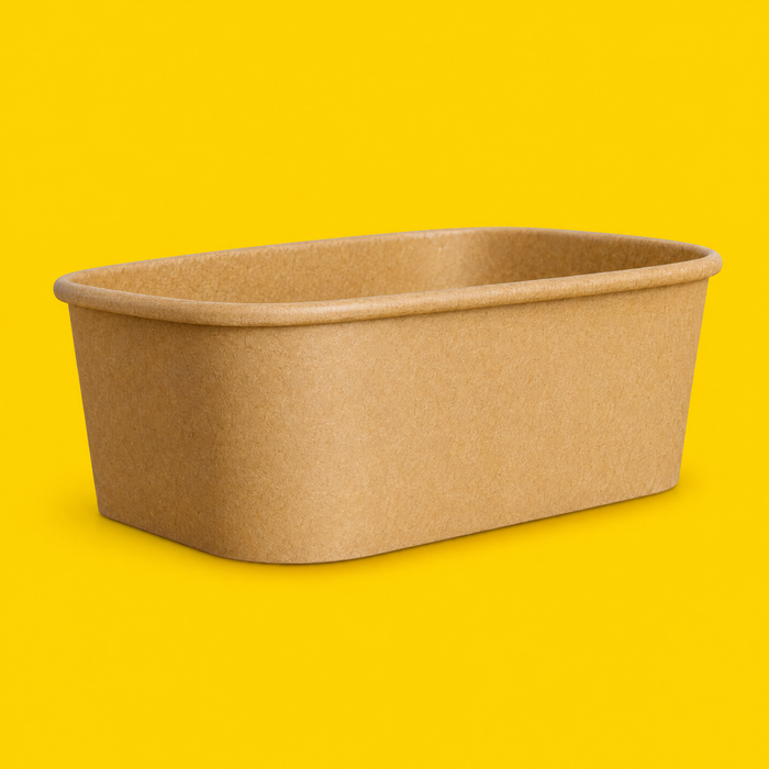 Brown kraft rectangular salad bowl 650ml, three-quarter view on yellow