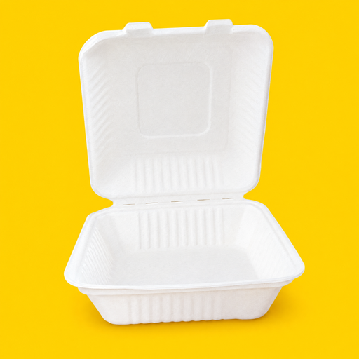 White bagasse 9 inch hinged clamshell, open, on yellow