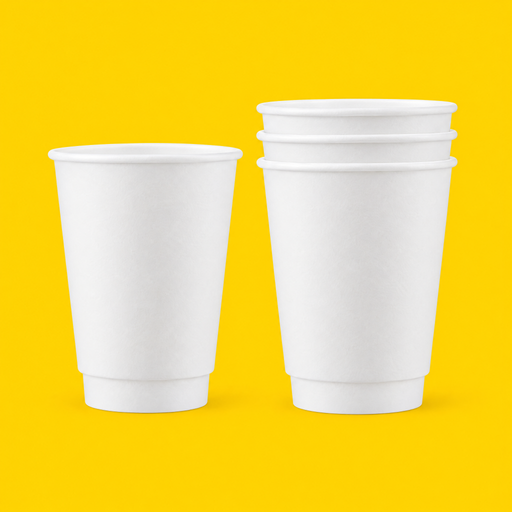 White 12oz double wall hot cups, single and nested, on yellow