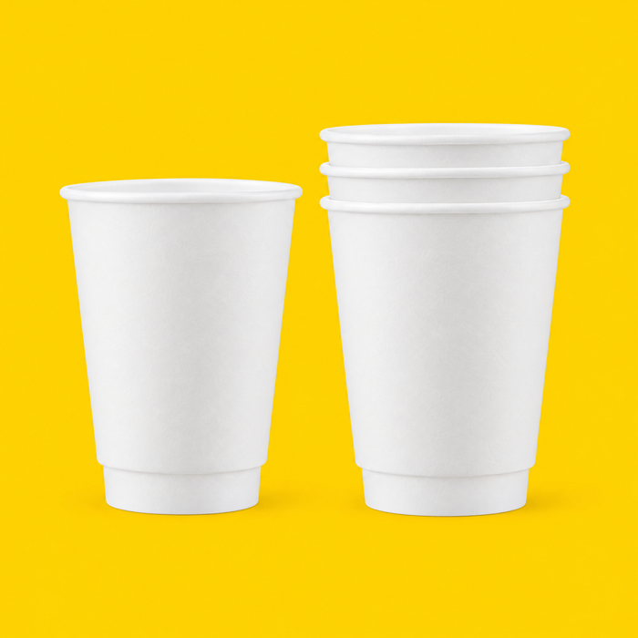 White 12oz double wall hot cups, single and nested, on yellow