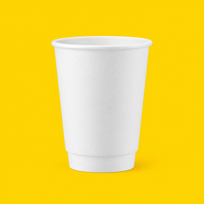 Plain white 12oz double wall paper hot cup on yellow