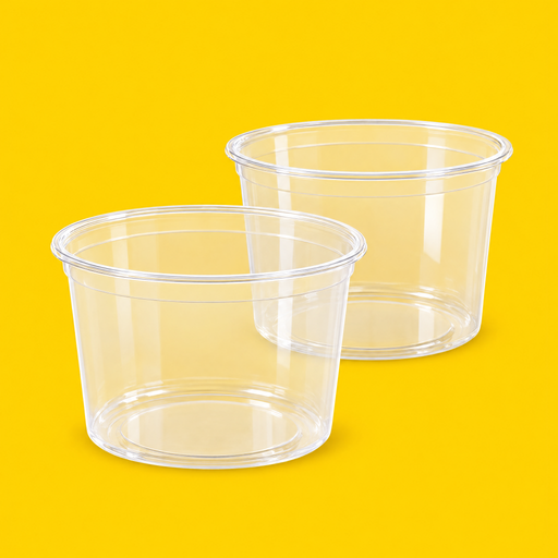 Two clear PET round deli containers 355ml on yellow