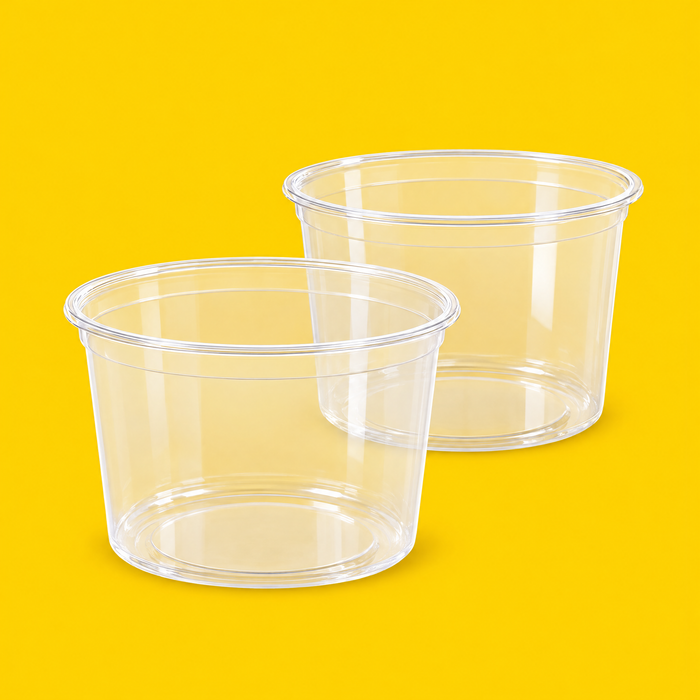 Two clear PET round deli containers 355ml on yellow