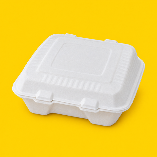 White bagasse 9 inch three-compartment clamshell, closed, on yellow