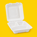 White bagasse 9 inch three-compartment clamshell, open, on yellow