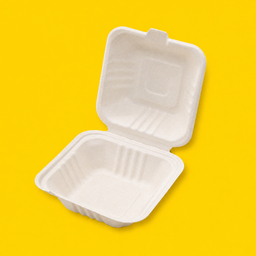 Bagasse 6 inch burger box, open, on yellow