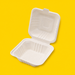 Bagasse 6 inch burger box, open, on yellow