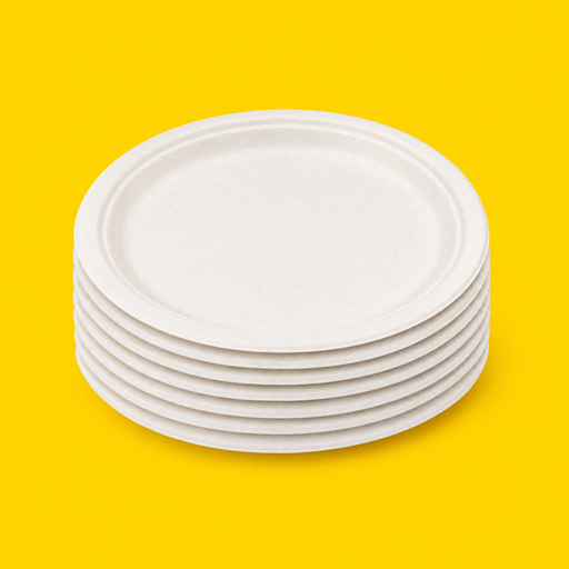 Stack of white bagasse 9 inch round plates, on yellow