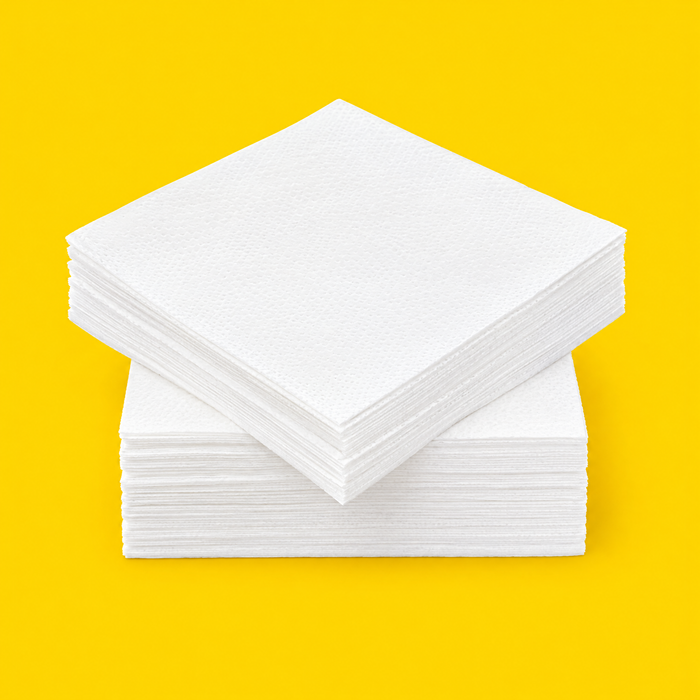 Stack of white 2-ply 33cm paper napkins, on yellow