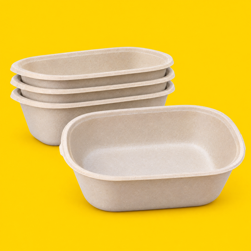 Stack of natural bagasse oval deep salad bowls 900ml, on yellow