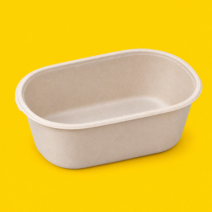 Natural bagasse oval deep salad bowl 900ml, on yellow
