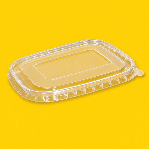 Clear PET lid for rectangular kraft salad bowl, on yellow