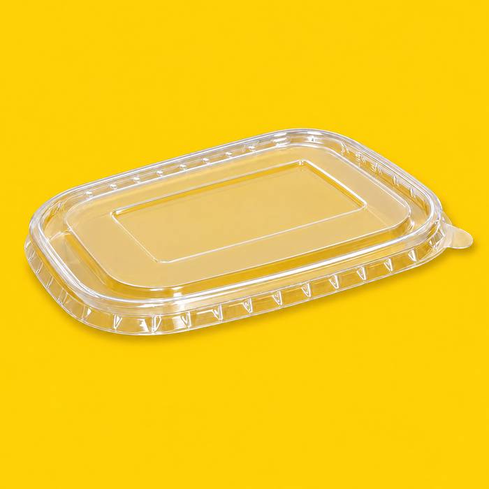 Clear PET lid for rectangular kraft salad bowl, on yellow