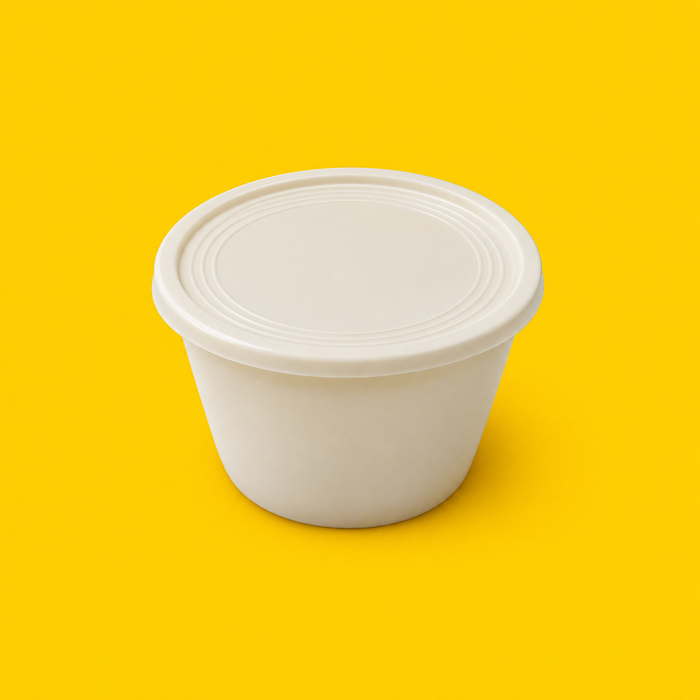 Cornstarch lid fitted on a 4oz sauce pot, on yellow