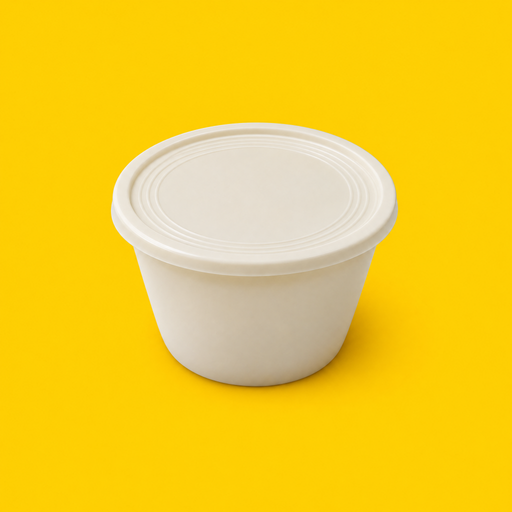 Cornstarch lid fitted on a 4oz sauce pot, on yellow